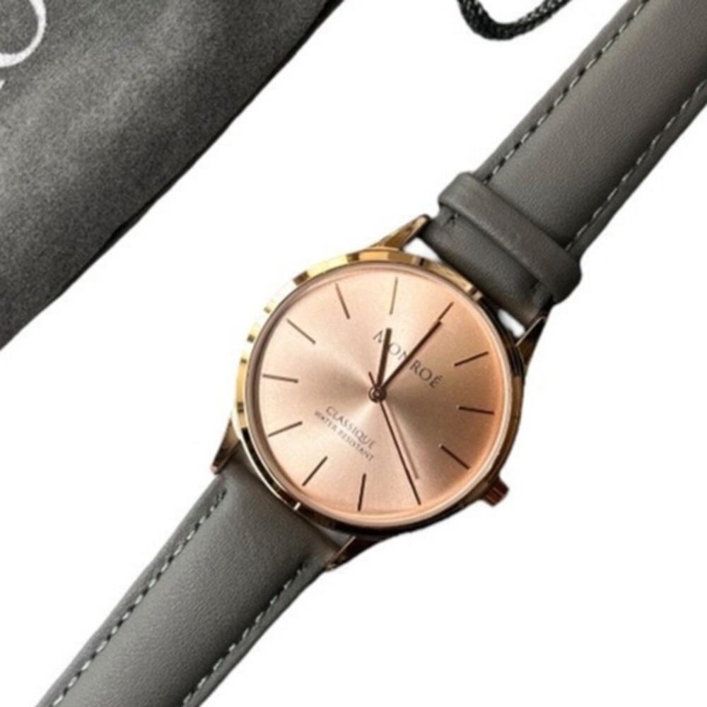 Monroe Maestro Minimalist Black Leather Watch Rose Gold face Wristwatch NEW